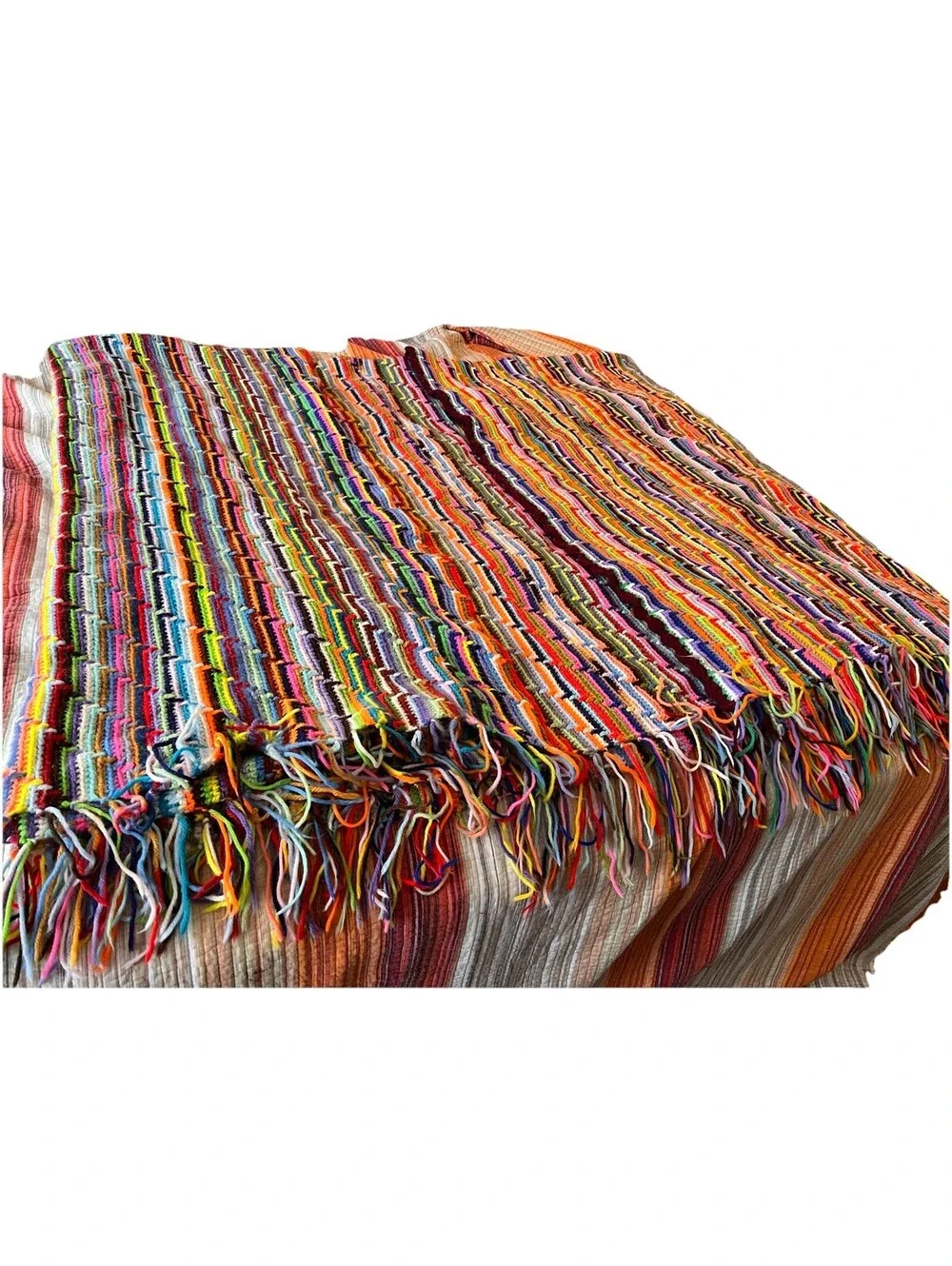 Large Knit Handmade Crocheted Afghan Blanket Rainbow Multi Color 80x92 Inch Vtg